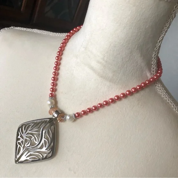 Handcrafted repurpose large filigree pendant Czech glass Pearl necklace
